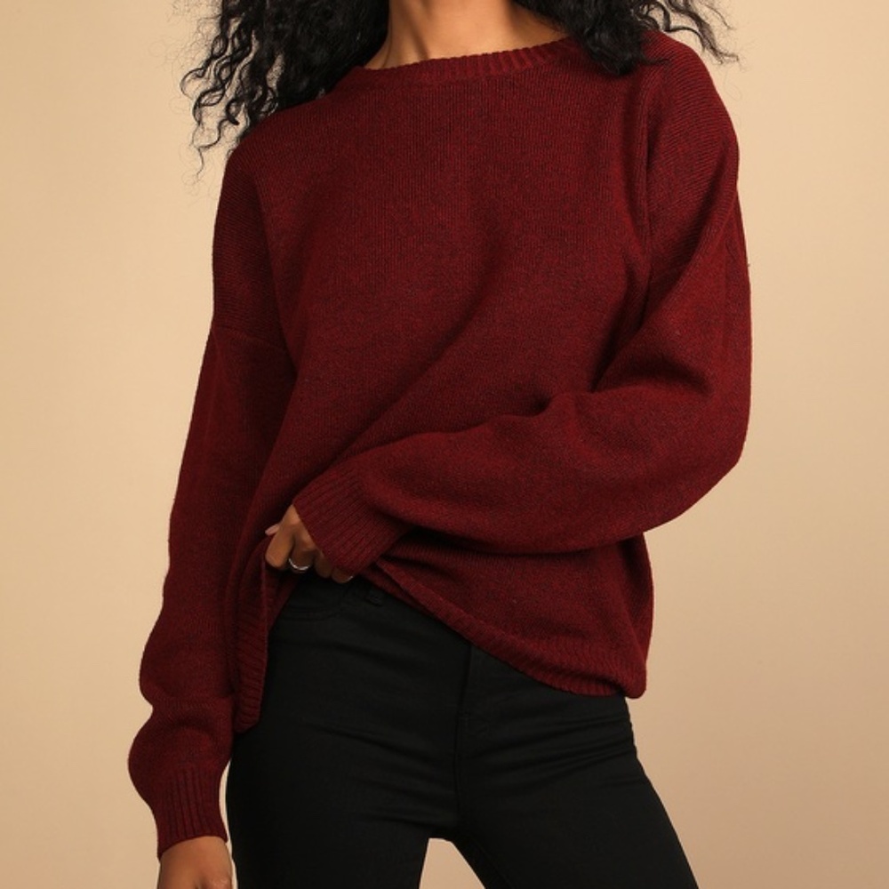 Lulus Scenic Walks Burgundy Crew Neck Pullover Sweater Red - Size S